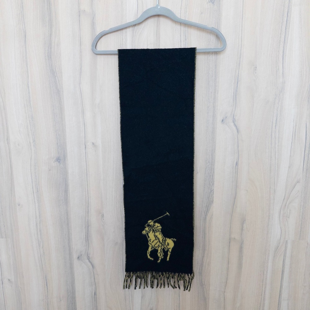 VTG Polo Ralph Lauren Mens Scarf Black Yellow Reversible Lambs Wool Fringe Logo